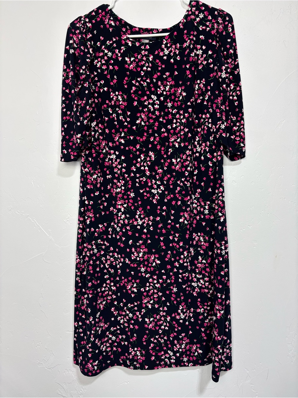 Tommy Hilfiger Women's 12 Navy Pink Floral Knit Shift Dress 3/4 Sleeve Ruched